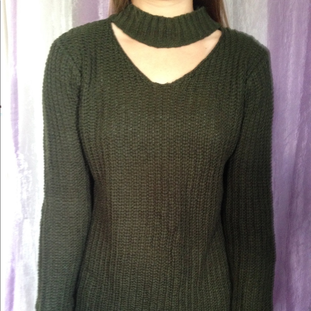 Dark Green Choker Neck Sweater